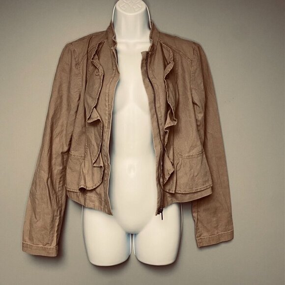 Ann Taylor LOFT Linen Crop Ruffle Full Zip Lightweight Tan Jacket Women's Size S - Picture 4 of 7